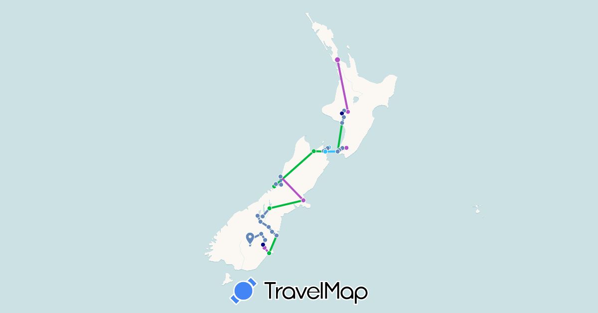 TravelMap itinerary: driving, bus, cycling, train, boat in New Zealand (Oceania)