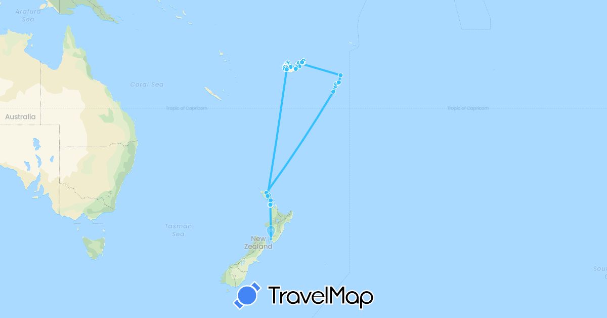 TravelMap itinerary: driving, boat in Fiji, New Zealand, Tonga (Oceania)