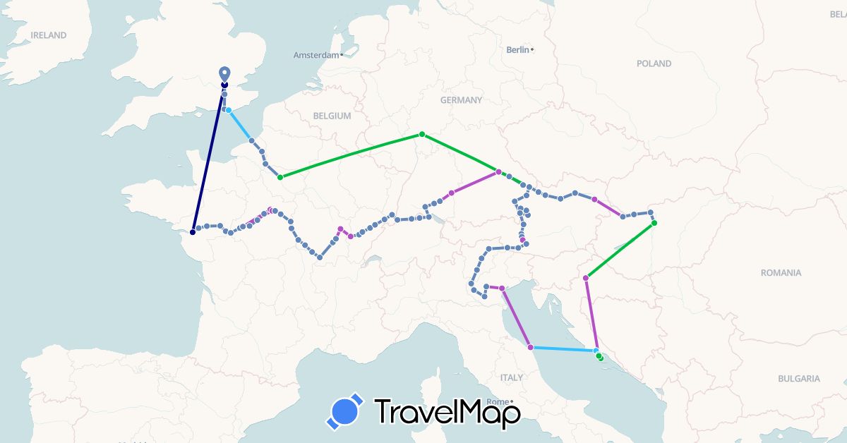 TravelMap itinerary: driving, bus, plane, cycling, train, boat in Austria, Germany, France, United Kingdom, Croatia, Hungary, Italy, Slovakia (Europe)